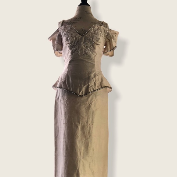 French Lace Taffeta Off the Shoulder Dress